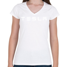 PRINTFASHION Tesla logo - Női V-nyakú póló - Fehér női póló