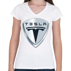 PRINTFASHION Tesla - Női V-nyakú póló - Fehér
