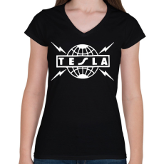 PRINTFASHION Tesla világ - Női V-nyakú póló - Fekete