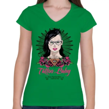 PRINTFASHION Tetovált lány - Női V-nyakú póló - Zöld női póló
