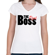 PRINTFASHION The Real Boss - Női V-nyakú póló - Fehér női póló