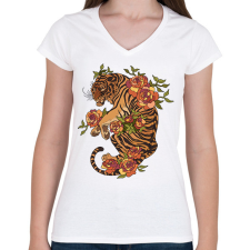 PRINTFASHION tigris - Női V-nyakú póló - Fehér női póló