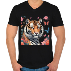 PRINTFASHION tigris pillangókkal és virágokkal - Férfi V-nyakú póló - Fekete