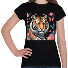 PRINTFASHION tigris pillangókkal és virágokkal - Női póló - Fekete