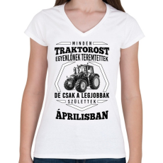 PRINTFASHION TRAKTOROS SZÜLINAP - Április - Női V-nyakú póló - Fehér