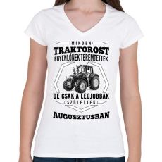 PRINTFASHION TRAKTOROS SZÜLINAP - Augusztus - Női V-nyakú póló - Fehér