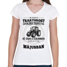 PRINTFASHION TRAKTOROS SZÜLINAP - Május - Női V-nyakú póló - Fehér