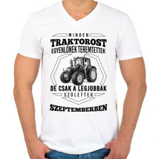 PRINTFASHION TRAKTOROS SZÜLINAP - Szeptember - Férfi V-nyakú póló - Fehér férfi póló