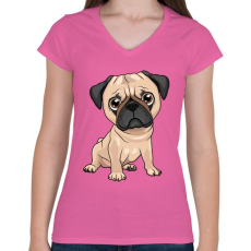 PRINTFASHION Ülő mopsz - Női V-nyakú póló - Rózsaszín