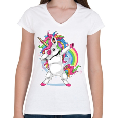 PRINTFASHION Unikornis dab táncos - Női V-nyakú póló - Fehér