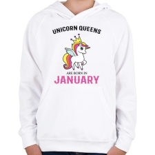 PRINTFASHION Unikornis királynők januárban születtek - Gyerek kapucnis pulóver - Fehér gyerek pulóver, kardigán