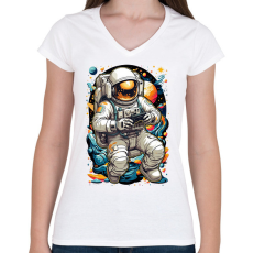 PRINTFASHION Űrhajós gamer - Női V-nyakú póló - Fehér
