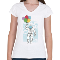 PRINTFASHION Űrhajós lufikkal - Női V-nyakú póló - Fehér