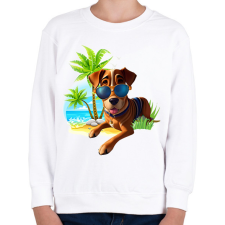 PRINTFASHION VAKÁCIÓ / Nyaralás / Pálmafák és vicces Kutya napszemüvegben - Gyerek pulóver - Fehér gyerek pulóver, kardigán