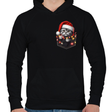 PRINTFASHION Vicces karácsonyi cica zsebben - mikulás sapkában - Férfi kapucnis pulóver - Fekete