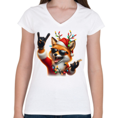 PRINTFASHION Vicces karácsonyi rocker party róka - télapó sapkában - Női V-nyakú póló - Fehér