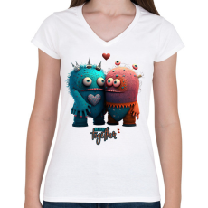 PRINTFASHION Vicces Szörnyecskés - BETTER together- cuki, csúnya, szerelmes minta - Női V-nyakú póló - Fehér