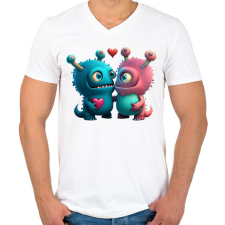 PRINTFASHION Vicces Szörnyecskés - cuki, csúnya, szerelmes minta - Férfi V-nyakú póló - Fehér férfi póló