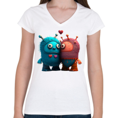 PRINTFASHION Vicces Szörnyecskés - cuki, csúnya, szerelmes minta - Női V-nyakú póló - Fehér