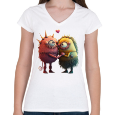 PRINTFASHION Vicces Szörnyecskés - cuki, csúnya, szerelmes minta - Női V-nyakú póló - Fehér női póló