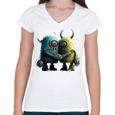 PRINTFASHION Vicces Szörnyecskés - cuki, csúnya, szerelmes minta - Női V-nyakú póló - Fehér