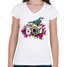 PRINTFASHION Vintage fotós virágokkal - Női V-nyakú póló - Fehér