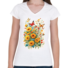 PRINTFASHION Virágok - Női V-nyakú póló - Fehér női póló