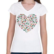 PRINTFASHION Virágos szív  - Női V-nyakú póló - Fehér női póló