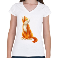 PRINTFASHION Vörös cica - Női V-nyakú póló - Fehér