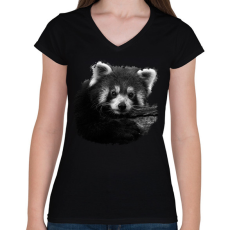 PRINTFASHION Vörös panda (fekete-fehér újság) - Női V-nyakú póló - Fekete