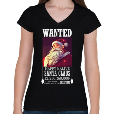 PRINTFASHION Wanted Santa Claus - Női V-nyakú póló - Fekete