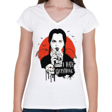 PRINTFASHION Wednesday Addams I hate everything  - Női V-nyakú póló - Fehér női póló