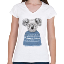 PRINTFASHION Winter koala - Női V-nyakú póló - Fehér női póló