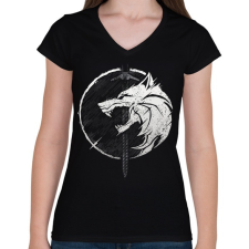PRINTFASHION Witcher fehér farkas - Női V-nyakú póló - Fekete női póló