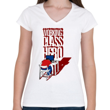PRINTFASHION Working class hero - Női V-nyakú póló - Fehér női póló