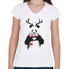 PRINTFASHION Xmas panda - Női V-nyakú póló - Fehér női póló