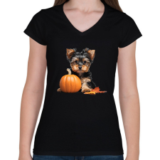 PRINTFASHION yorkie kutyus tökkel #2 - Női V-nyakú póló - Fekete női póló