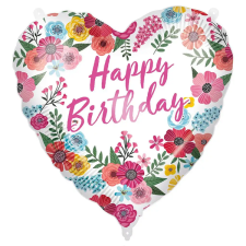 Procos Szülinapi fólia lufi – „Happy Birthday” felirattal, szív alakú, virágos mintával 46cm party kellék