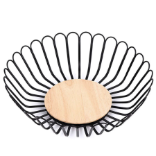 Pufo Modern fém gyümölcstál, bambusz aljú, kerek, 27 cm, fekete papírárú, csomagoló és tárolóeszköz