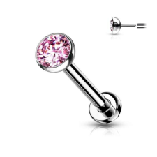 Push-in titán labret 6mm (ezüst színű, pink kővel) testékszer