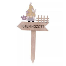 Qx Földbe szúrható fa dekoráció „Isten hozott" felirattal és manó figurával party kellék