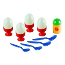  Reggeliző szett műanyag lágytojásokkal, Klein Toys,N tányér és evőeszköz