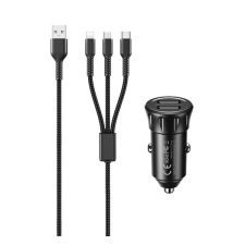 REMAX autós töltő 2 USB aljzat (2.4A, gyorstöltés támogatás + lightning 8pin / microUSB / Type-C kábel) FEKETE mobiltelefon kellék