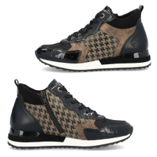 Remonte női fűzős cipzáras sneaker feket taupe mintás bokacipő R2577-01 női csizma, bakancs