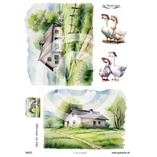  Rizspapir - libák és zöld zsalugáteres házak dekorációs kellék