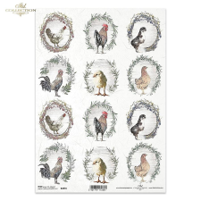  Rizspapír - Tyúkok, kakasok, csibék ovális keretben dekorációs kellék