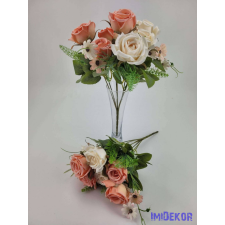 Rózsa + kis virág 7 ágú selyemvirág csokor 33 cm - Krém-Rózsaszín dekoráció