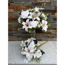  Rózsa + Liliom 12 fejes vegyes selyemvirág csokor 35 cm - Hófehér dekorációs kellék