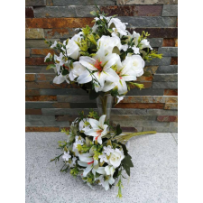  Rózsa + Liliom 12 fejes vegyes selyemvirág csokor 35 cm - Krém dekorációs kellék