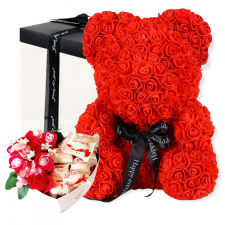  Rózsa maci díszdobozban 40 cm - piros + szív desszert doboz szappanrózsával és Raffaello-val ajándéktárgy